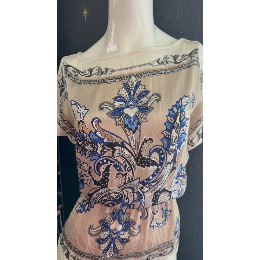White House Black Market Silk Paisley Scarf Print Blouse Blue Beige XS - Picture 8 of 9